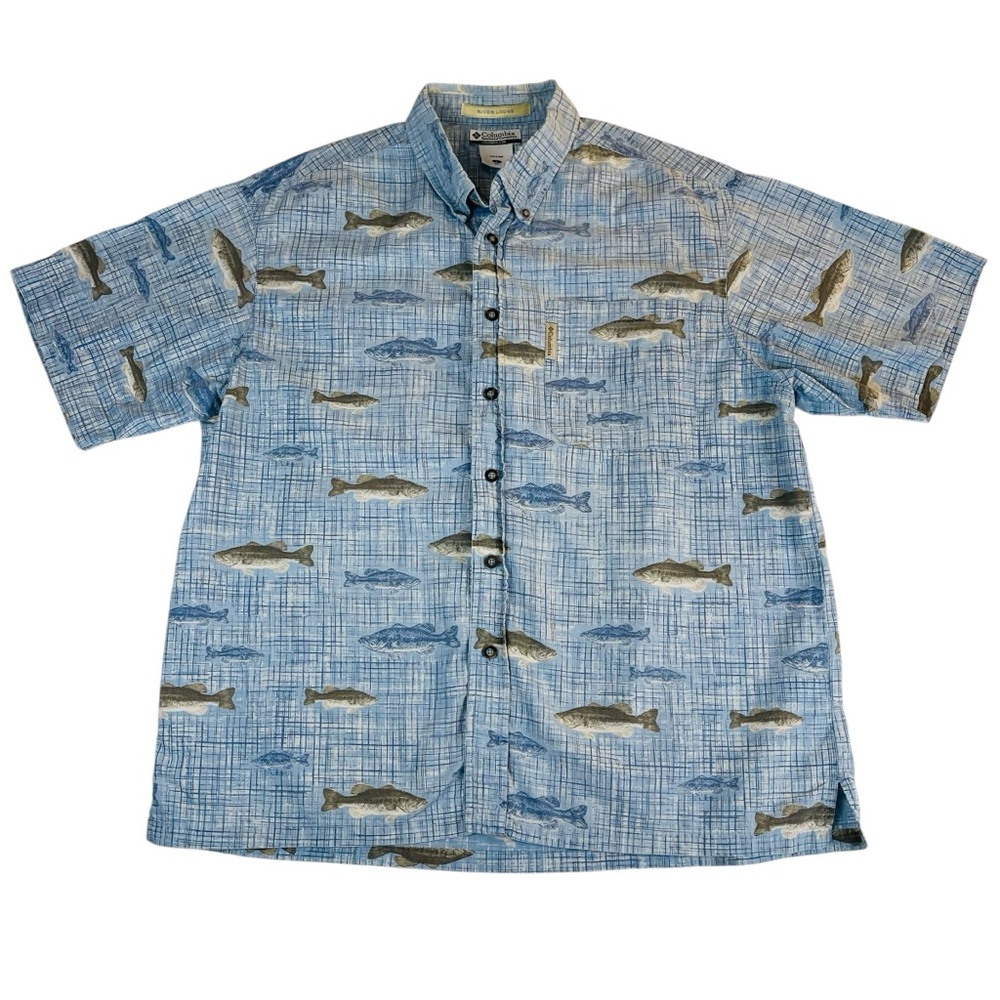 Columbia River Lodge Largemouth Bass Shirt Mens Large Blue Button Down Fishing